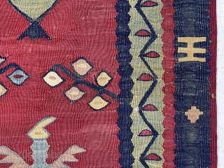 Antique diminutive balkan/pirot prayer kelim. Interesting and attractive weaving in fair condition for this thin fragile type. Elegant floral motifs in field and borders. Scattered slight abrasions and a tiny break here  ...