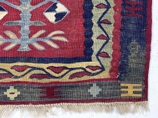 Antique diminutive balkan/pirot prayer kelim. Interesting and attractive weaving in fair condition for this thin fragile type. Elegant floral motifs in field and borders. Scattered slight abrasions and a tiny break here  ...