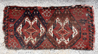 The remains of an early turkman ersari pile weaving with ikat design. Edge damage, areas of wear, few small holes. Needs a careful wash. All natural colors including yellow highlights. 3rd qtr.  ...
