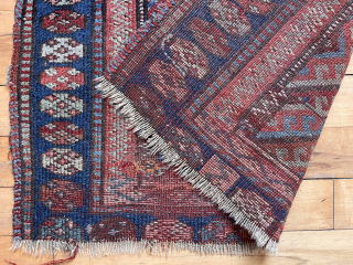 Jaf Kurd Bagface with an uncommon design feature. Notice the field design shift in the bottom third. Older weaving with natural colors and offset knotting as expected. Overall substantial wear and rough  ...