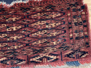 Early little turkman weaving with uncommon design. Even low tight pile. Looks like symmetrical knots open right. Remnant original end flat weave. Several small cloth pieces backing edges where damaged. 3rd qtr.  ...