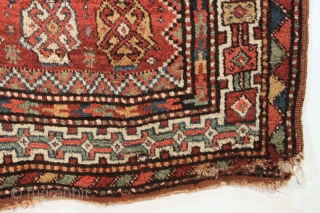 Antique large Kurdish rug. Thick meaty high pile. All good natural colors with beautiful greens. Bold design. No repairs. One corner some old pest damage as shown, easy repair. Reasonably clean. Late  ...