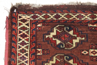 Antique yomud chuval with a very nice elem panel. Tight weave and full pile. All excellent natural colors featuring a good strong red and a pretty mottled apricot orange. Remnant original end  ...