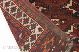 Antique yomud chuval with a very nice elem panel. Tight weave and full pile. All excellent natural colors featuring a good strong red and a pretty mottled apricot orange. Remnant original end  ...
