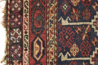 Antique very small south persian rug with an unusual design I have not seen before. All good colors. Very very rough condition. Still spell binding. 19th c. 2'6" x 3'9"    ...