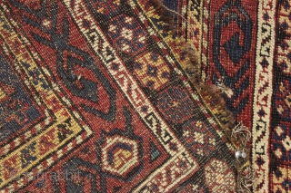 Antique very small south persian rug with an unusual design I have not seen before. All good colors. Very very rough condition. Still spell binding. 19th c. 2'6" x 3'9"    ...