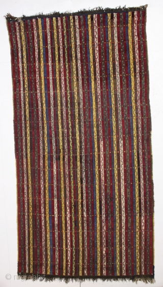 Antique large Turkish village rug. Tired of the same old medallions and palmettes, try stripes. Very unusual village weaving with striped or cane design field and, yes, woven with no borders. Original  ...