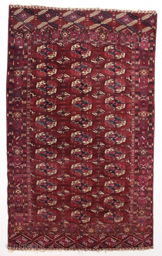 antique tekke rug. Unusual minors and differing skirt panels. All good natural colors including small yellow highlighhts. Beautiful little example in almost original condition. Fine weave and silky wool. Mostly good pile,  ...