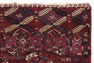 antique tekke rug. Unusual minors and differing skirt panels. All good natural colors including small yellow highlighhts. Beautiful little example in almost original condition. Fine weave and silky wool. Mostly good pile,  ...