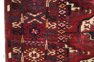 antique tekke rug. Unusual minors and differing skirt panels. All good natural colors including small yellow highlighhts. Beautiful little example in almost original condition. Fine weave and silky wool. Mostly good pile,  ...