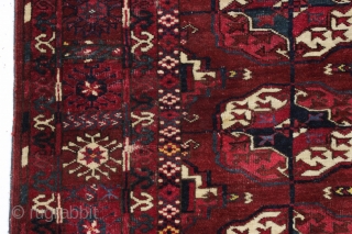 antique tekke rug. Unusual minors and differing skirt panels. All good natural colors including small yellow highlighhts. Beautiful little example in almost original condition. Fine weave and silky wool. Mostly good pile,  ...