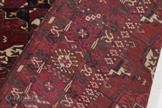 antique tekke rug. Unusual minors and differing skirt panels. All good natural colors including small yellow highlighhts. Beautiful little example in almost original condition. Fine weave and silky wool. Mostly good pile,  ...