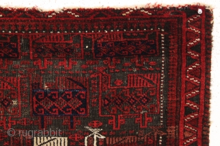 antique baluch bird bag. Lovely high quality little example with all natural colors featuring an outstanding ember red and a bit of electric blue highlightingh. Unusual border design and a quirky partial  ...