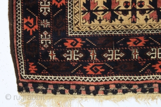 antique baluch camel ground prayer rug in outstanding condition with some interesting design features. Eye catching curled leaf minor borders and a very unusual main border. Clean with overall very good even  ...