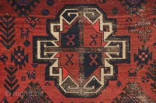 antique little baluch rug. Older example of this interesting type. Thin with wear and heavily oxidized browns as shown. Difficult to photograph but guaranteed all good natural colors. Could use a good  ...