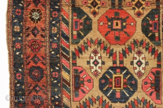 antique camel ground northwest persian kurdish rug with nice thick high pile. Unusual and interesting design. As found, reasonably clean with no repairs. Colorful. Lovely and usable antique rug. ca. 1890. 4'3"  ...