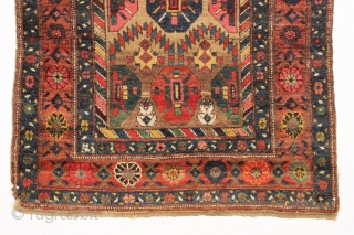 antique camel ground northwest persian kurdish rug with nice thick high pile. Unusual and interesting design. As found, reasonably clean with no repairs. Colorful. Lovely and usable antique rug. ca. 1890. 4'3"  ...