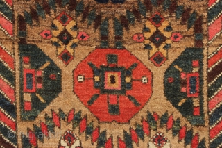 antique camel ground northwest persian kurdish rug with nice thick high pile. Unusual and interesting design. As found, reasonably clean with no repairs. Colorful. Lovely and usable antique rug. ca. 1890. 4'3"  ...