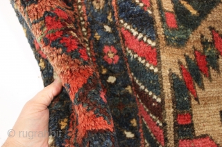 antique camel ground northwest persian kurdish rug with nice thick high pile. Unusual and interesting design. As found, reasonably clean with no repairs. Colorful. Lovely and usable antique rug. ca. 1890. 4'3"  ...