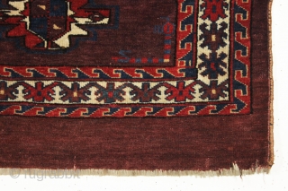 antique turkman yomud torba with an unusually spacious design and overall very good condition. Tight weave and even good glossy pile. All fine natural colors with a rich deep purplish red ground.  ...