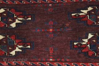 antique turkman yomud torba with an unusually spacious design and overall very good condition. Tight weave and even good glossy pile. All fine natural colors with a rich deep purplish red ground.  ...