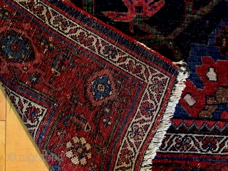 Old Bidjar rug with classic design. Beautiful colors and nice size. As found from local home with overall low pile. Original selvages, unraveling a bit. Reasonably clean. Not high pile but still  ...