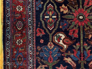 Old Bidjar rug with classic design. Beautiful colors and nice size. As found from local home with overall low pile. Original selvages, unraveling a bit. Reasonably clean. Not high pile but still  ...