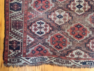 Old turkman chodor main carpet with classic ertman gul design. Overall fair condition for a genuine antique example. Scattered wear as shown but no holes or big damage. Structuraly sound and folds  ...