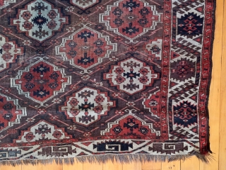 Old turkman chodor main carpet with classic ertman gul design. Overall fair condition for a genuine antique example. Scattered wear as shown but no holes or big damage. Structuraly sound and folds  ...