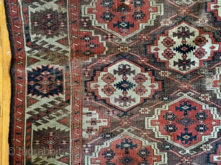 Old turkman chodor main carpet with classic ertman gul design. Overall fair condition for a genuine antique example. Scattered wear as shown but no holes or big damage. Structuraly sound and folds  ...