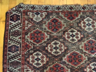 Old turkman chodor main carpet with classic ertman gul design. Overall fair condition for a genuine antique example. Scattered wear as shown but no holes or big damage. Structuraly sound and folds  ...