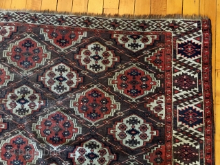 Old turkman chodor main carpet with classic ertman gul design. Overall fair condition for a genuine antique example. Scattered wear as shown but no holes or big damage. Structuraly sound and folds  ...