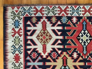 Antique large Caucasian kuba kelim. Older example with all natural colors in exceptional condition. Lovely light blues, greens and yellows. Extremely fine weave with supple, cloth like handle. Fresh New England find.  ...