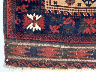 Antique Baluch camel ground prayer rug with spacious drawing and unusually saturated colors. As good an ember red as I have seen. Iconic tree of life flanked by narrow floral motifs and  ...