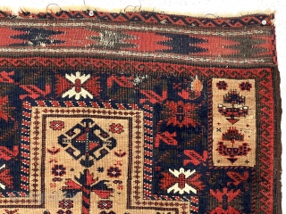 Antique Baluch camel ground prayer rug with spacious drawing and unusually saturated colors. As good an ember red as I have seen. Iconic tree of life flanked by narrow floral motifs and  ...