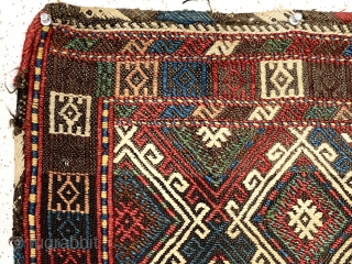 Antique small flat weave bagface or verneh trapping. Not an uncommon type but rarely so well drawn and with such good natural color. Probably Anatolian? Appears clean. A little jewel. 19th c.  ...