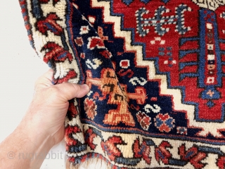 Antique Persian tribal bagface in thick high glossy pile. Shahsavan? Luri? Wonderful design and all very saturated natural colors. Original selvages and closure tabs. Nice supple handle. Seems quite clean. I see  ...
