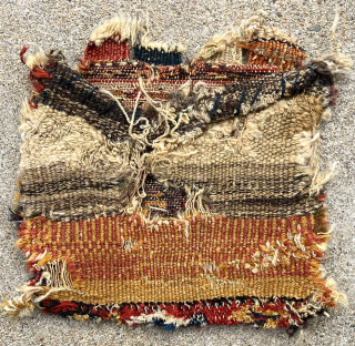 Tiny soumak bag with a charmingly simple design. All good natural colors. Edges and original back  unraveling as shown. 19th c. 10” x 11” Spring sale priced. $125    