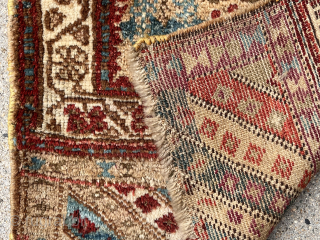Unusual and mysterious little Bagface. Scenic field with trees and forms I can only guess at. Full thick pile. Substantial use of early fuchsine purple dye. 19th c. 31” x  23”  ...