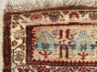 Unusual and mysterious little Bagface. Scenic field with trees and forms I can only guess at. Full thick pile. Substantial use of early fuchsine purple dye. 19th c. 31” x  23”  ...