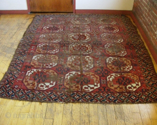 Antique Ersari carpet with strong colors and a very attractive border. Selling "as found", in rough condition, with areas of heavy wear and damage and not clean. All good natural colors including  ...