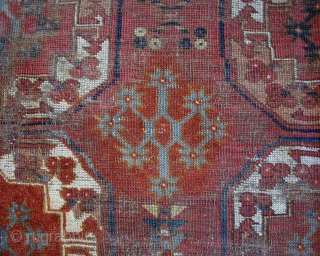 Antique Ersari carpet with strong colors and a very attractive border. Selling "as found", in rough condition, with areas of heavy wear and damage and not clean. All good natural colors including  ...