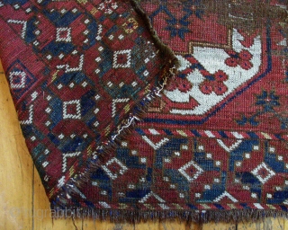 Antique Ersari carpet with strong colors and a very attractive border. Selling "as found", in rough condition, with areas of heavy wear and damage and not clean. All good natural colors including  ...