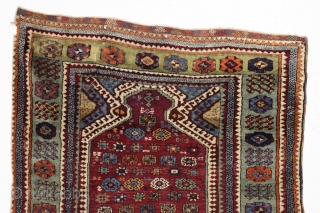 Antique east anatolian prayer rug. Strong design. Beautiful all natural colors and mostly thick high pile. Original fancy end finish. Small old repair in upper border shown. Rare to find this type  ...