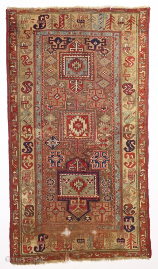 Early northwest persian tribal rug, probably kurdish. Fresh New England find. Interesting design featuring a lovely yellow border with archaic elements. Beautiful all natural colors and soft wool. AS found, mostly good  ...