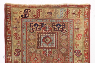 Early northwest persian tribal rug, probably kurdish. Fresh New England find. Interesting design featuring a lovely yellow border with archaic elements. Beautiful all natural colors and soft wool. AS found, mostly good  ...