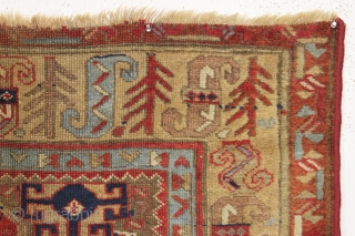 Early northwest persian tribal rug, probably kurdish. Fresh New England find. Interesting design featuring a lovely yellow border with archaic elements. Beautiful all natural colors and soft wool. AS found, mostly good  ...