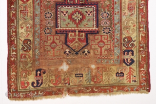 Early northwest persian tribal rug, probably kurdish. Fresh New England find. Interesting design featuring a lovely yellow border with archaic elements. Beautiful all natural colors and soft wool. AS found, mostly good  ...