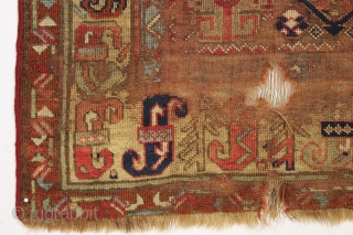 Early northwest persian tribal rug, probably kurdish. Fresh New England find. Interesting design featuring a lovely yellow border with archaic elements. Beautiful all natural colors and soft wool. AS found, mostly good  ...