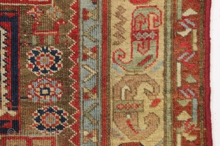 Early northwest persian tribal rug, probably kurdish. Fresh New England find. Interesting design featuring a lovely yellow border with archaic elements. Beautiful all natural colors and soft wool. AS found, mostly good  ...
